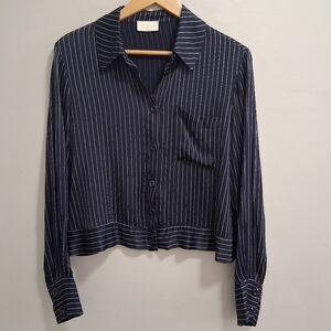 HOPE Navy Pinstripe Satin Silky Boxy Button Up Blouse Size Large Office Luxury